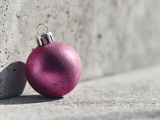 Vibrant magenta Christmas bauble with a delicate frosted texture rests on a clean white surface, set against a stark brutalist concrete wall in soft light.