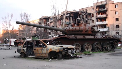 Obraz premium Damaged tank and wrecked cars stand amidst the rubble of a destroyed urban area, conveying a somber mood.