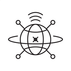 Global network connectivity vector icon featuring globe, orbit lines, and wireless signal. Represents internet, communication, IoT, worldwide connection, digital technology, and global data exchange.
