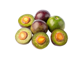 Fresh colorful whole and halved greengage plums fruit, isolated on white