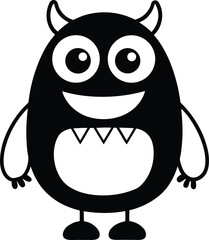 Adorable Black and White Cartoon Monster with Big Eyes and Horns