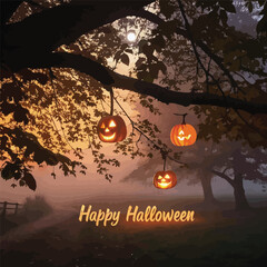 Pumpkin lanterns hanging on tree branches with Happy Halloween written in spooky font