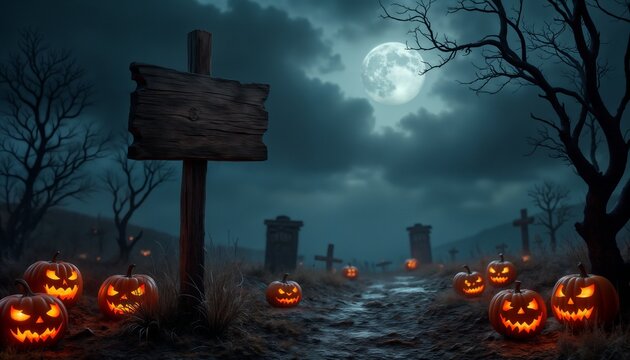 a sign board at the entrance to the cemetery, moonlight and a fabulous atmosphere in a dark forest, pumpkins and bats, a gloomy Halloween setting