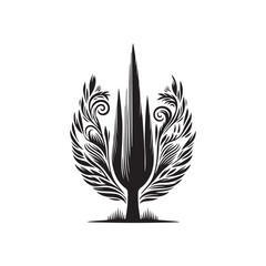 Black Color Cypress Tree Silhouette Vector Illustration, Solid White Background.