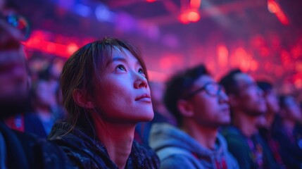Fototapeta premium Focused audience captivated by live esports event under vibrant lights
