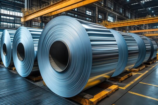 Factory production line with rolls of aluminum and steel sheets, industrial front view showcasing large pallets holding oversized metal strips in a heavy-duty manufacturing setting