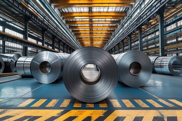 Large steel rolls in industrial warehouse with clean lines and sharp high-quality modern presentation showcasing raw metal production materials and industrial product essence