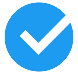 Blue circular approval icon with white check mark, flat PNG with transparent background for UI...