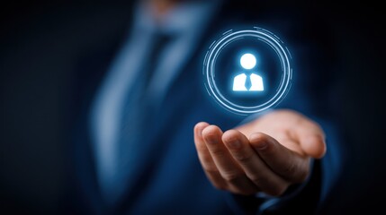 A person in a suit presents a glowing digital profile icon, symbolizing recruitment, talent management, or human resources