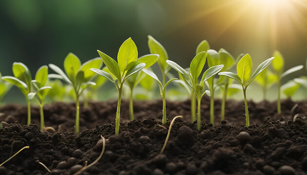 Vibrant green seedlings emerge from rich soil bathed in warm golden sunlight, symbolizing growth and new beginnings.