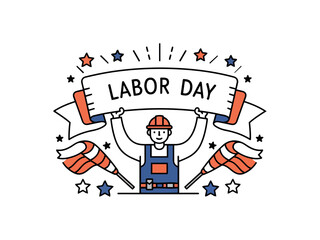 Flat vector illustration worker holding Labor Day banner with celebration