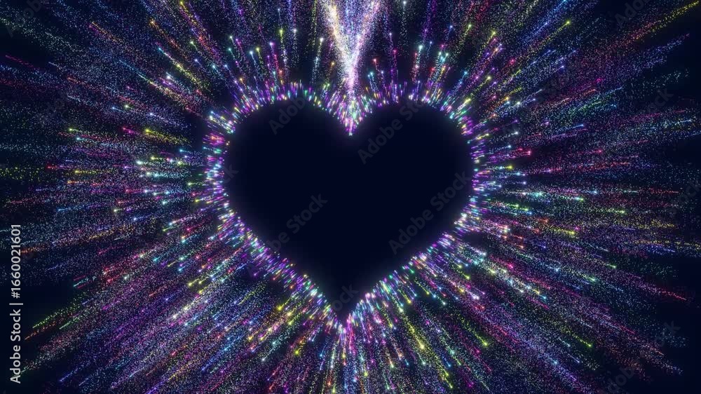 Poster vibrant particle heart explosion: a dazzling display of colorful light trails,abstract glowing heart