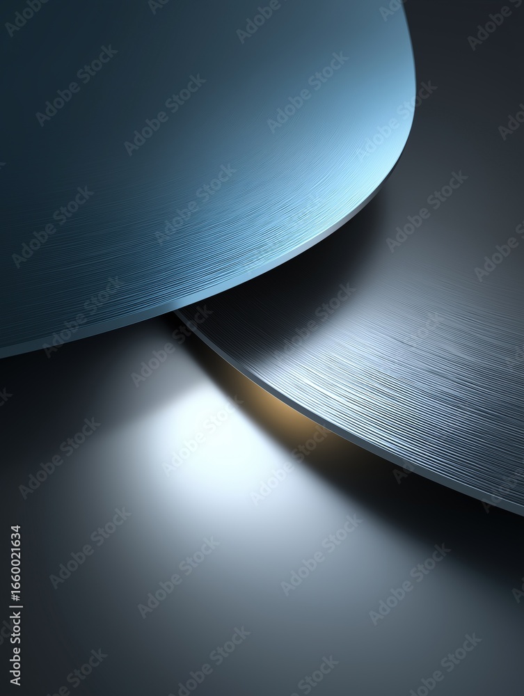 Aufkleber close-up of two curved metal sheets with one angled above the other on dark blue-gray gradient backg