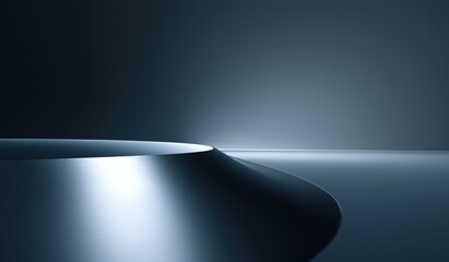 Abstract dark blue gradient background, minimalist modern design featuring curved stainless steel table surface and centered empty space for elegant product presentation