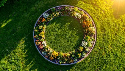Aerial view circular flower garden.