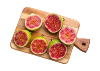 Halved fresh figs arranged on a wooden cutting board presentation