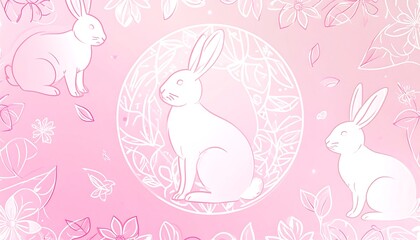 Delicate white rabbits are depicted against a backdrop of floral designs, creating a soft, feminine atmosphere.