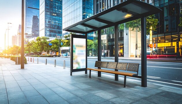 Modern city bus stop with empty benches and a blank advertisement board, featuring a paved walkway, tall buildings, and greenery.