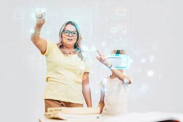 Teacher guiding student with virtual reality headset in classroom