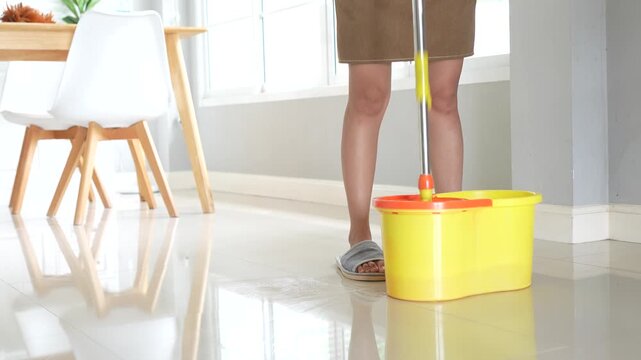 A woman mops the floor with a bucket nearby, representing housekeeping, hygiene, cleanliness, domestic chores, home care, sanitation, tidiness, professional cleaning service, household maintenance, an