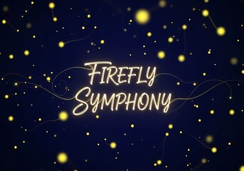 Firefly symphony text on night sky background with glowing yellow light dots, ideal for nature themed designs and inspirational posters