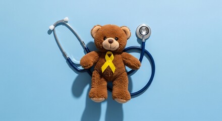 Brown teddy bear with yellow ribbon beside stethoscope on blue background, design poster template for childhood cancer awareness pediatric care health support and medical charity campaign with copyspa