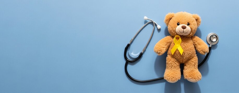 Teddy bear with yellow ribbon beside stethoscope on blue background, banner poster template for childhood cancer awareness pediatric care health support and medical charity campaign with copyspa