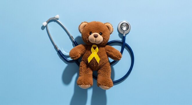 Brown teddy bear with yellow ribbon beside stethoscope on blue background, design poster template for childhood cancer awareness pediatric care health support and medical charity campaign with copyspa