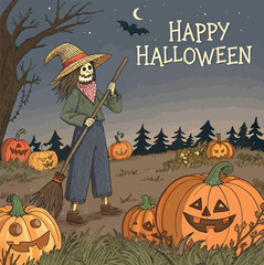 Scarecrow in pumpkin field with spooky Happy Halloween lettering