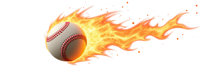 Dynamic baseball in motion, surrounded by flames and sparks, symbolizes speed and excitement in sports