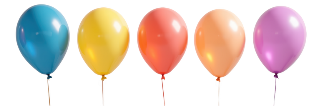 Colorful balloons in various shades, including blue, yellow, orange, pink, and purple, create festive atmosphere