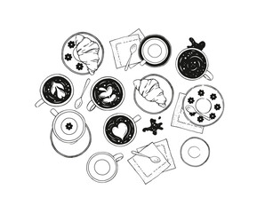 Coffee cups and croissants hand drawn doodle illustration