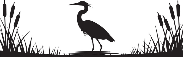 Obraz premium Silhouette of a heron standing in water surrounded by cattails and grass in a marsh setting