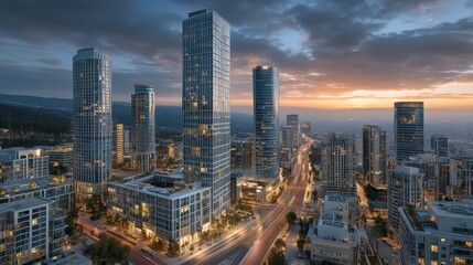 Aerial drone cityscape at golden hour  modern urban view