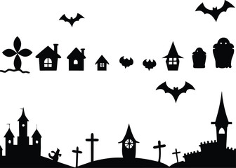 Spooky Halloween Silhouettes: Bats, Haunted Houses, Ghosts, and Graveyards