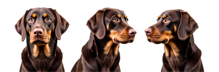 Detailed illustration of Doberman dog showcasing its distinct features and expressions from multiple angles. artwork highlights dog sleek coat