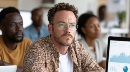 Serious businessman with glasses focused on a presentation during a corporate meeting in a modern office setting