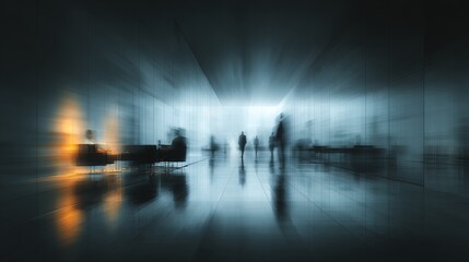 Abstract Impression of a Corporate Environment Featuring a Meeting and People Walking, Capturing the Essence of Business Dynamics and Professional Life; Focus on the Energy and