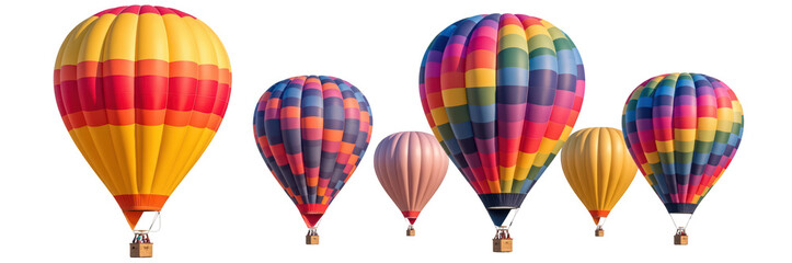Naklejka premium Colorful hot air balloons various sizes, showcasing vibrant patterns and designs, floating against clear background, evoking sense of adventure