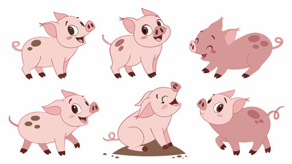 Collection of Six Cartoon Pink Piglets in Various Poses and Expressions.