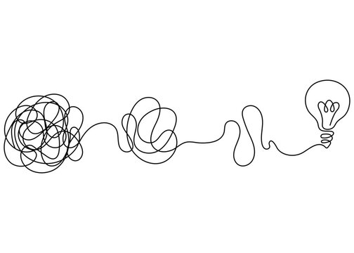 One continuous line drawing from chaos to lightbulb. Concept of problem-solving and business solutions in minimal linear style. Editable stroke doodle vector illustration.