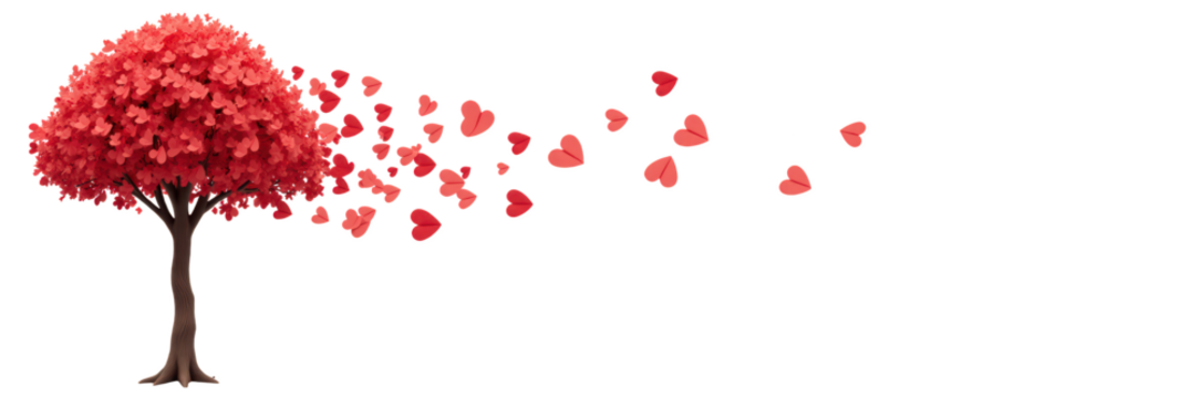 Vibrant tree with red leaves releases heart shaped petals, symbolizing love and affection in whimsical manner - Powered by Adobe