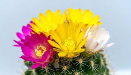 Vibrant blossoms of a cactus plant showcase a cluster of yellow, pink, and white flowers in a close-up shot.