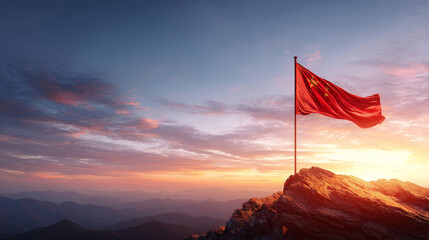 China flag waving majestically at sunrise on Independence Day and Flag Day in a serene mountain landscape