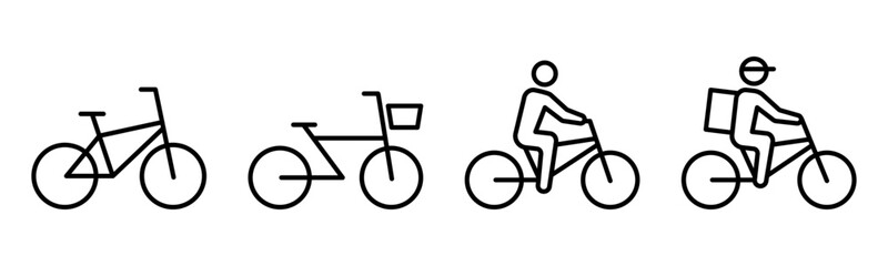Obraz premium Bicycle line icon set – Includes cycling, food delivery, fitness and sport. Editable stroke. Vector illustration.