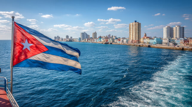 Cuban flag waves proudly against the vibrant backdrop of Havana on Independence Day - Powered by Adobe