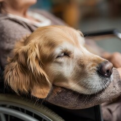 Golden retriever therapy dog gently resting head on lap of elderly woman in wheelchair, emotional support scene