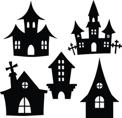 Spooky Halloween Silhouettes: Haunted Houses and Graveyard Crosses