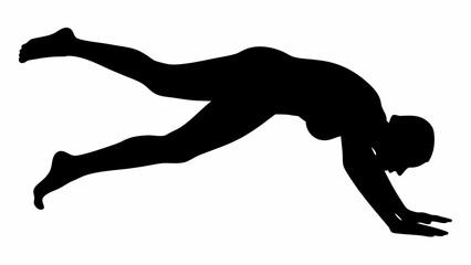 Silhouette of person in dynamic pose with arms extended and legs raised in a black and white image