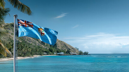 Fiji flag proudly waving in the wind on Independence Day against a beautiful coastal backdrop